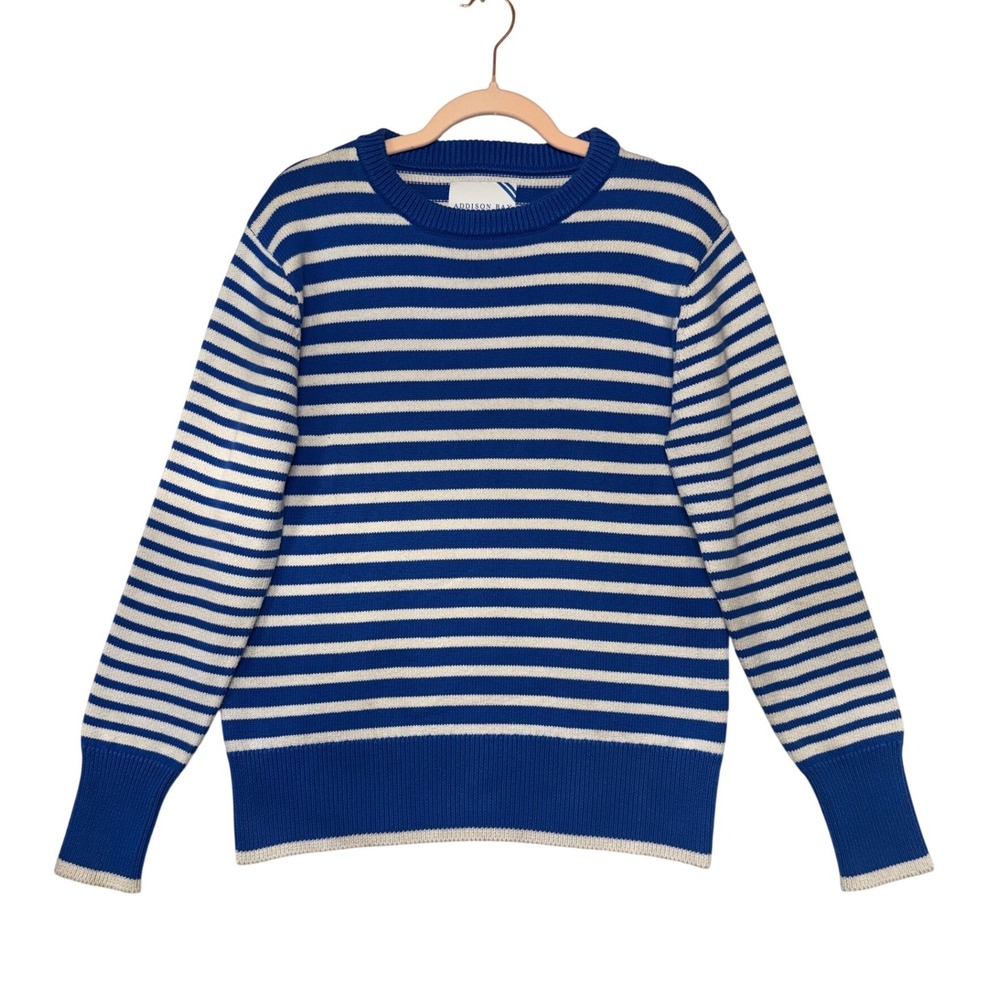 Addison Bay Womens Blue White Striped Knit Crewneck Sweater Nautical Size M